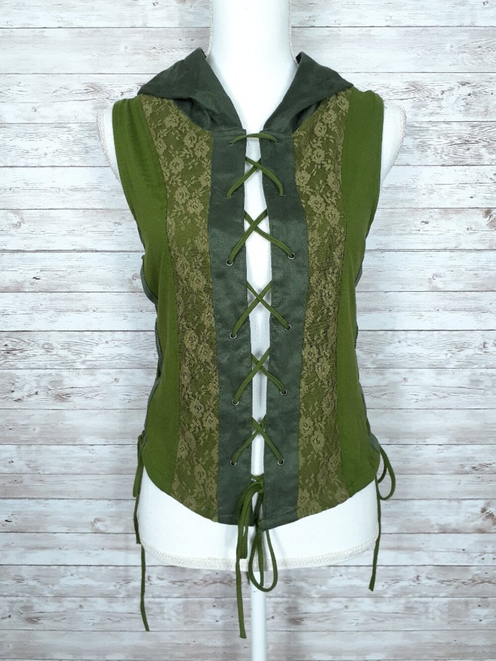 Earthbound Trading Fairy Vest S Hooded Lace Up Green Festival Ren Fair 959A - Picture 2 of 8
